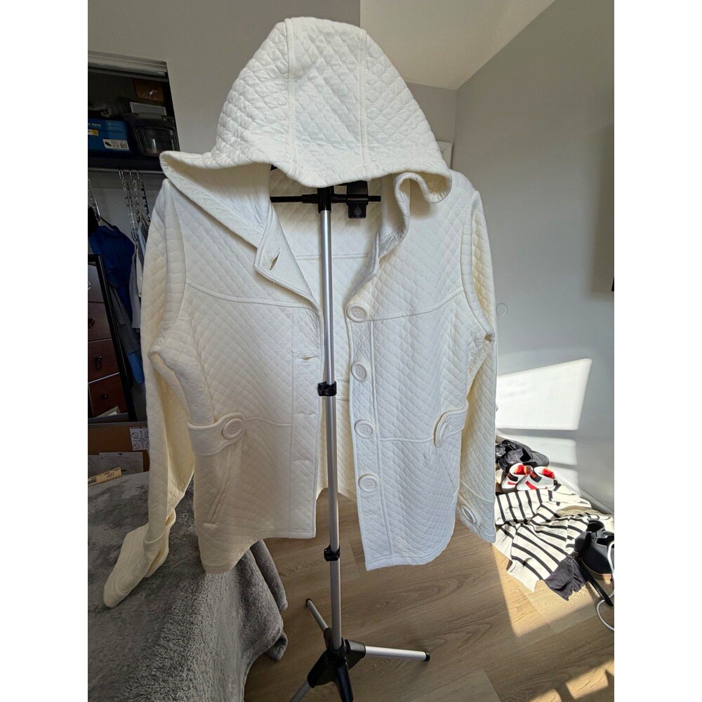 Runway Women's Ivory Quilted Hooded Button Front Cotton Jacket XL